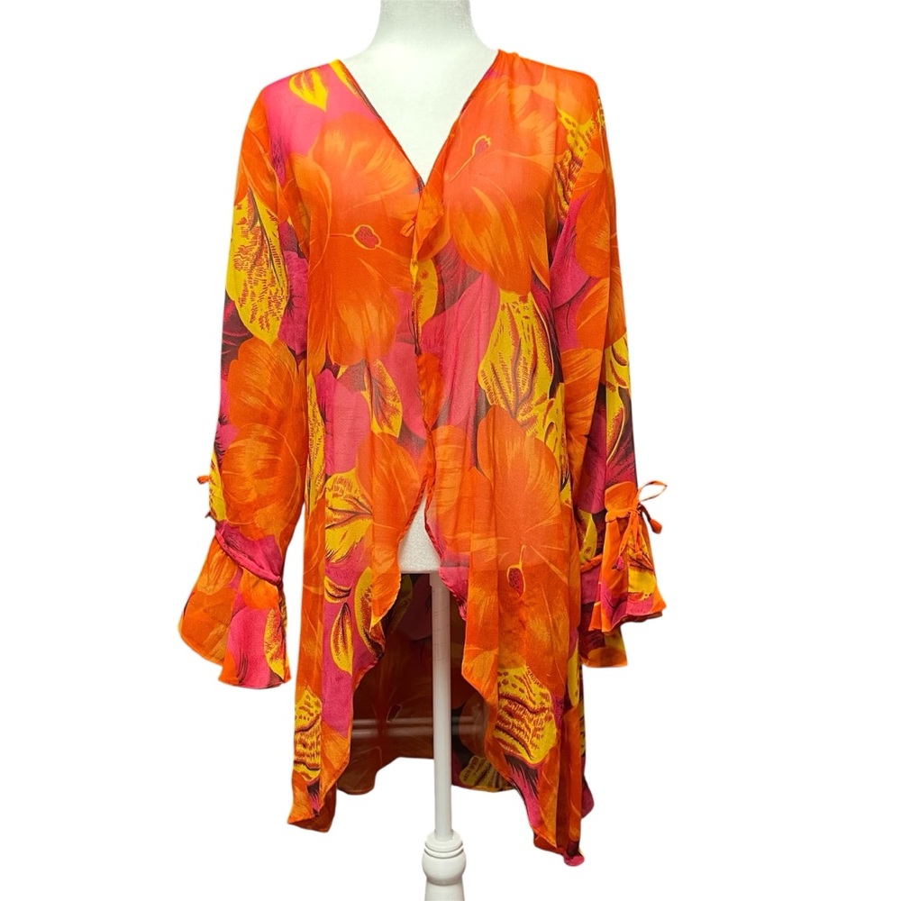 Tropical Floral Kimono Cardigan Size 3X Vintage 90s Eclectic Vacation Hawaiian